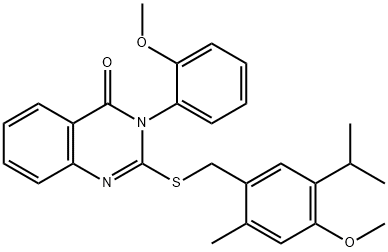 2-[(4-methoxy-2-methyl-5-propan-2-ylphenyl)methylsulfanyl]-3-(2-methoxyphenyl)quinazolin-4-one Struktur