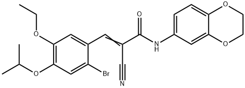 (E)-3-(2-bromo-5-ethoxy-4-propan-2-yloxyphenyl)-2-cyano-N-(2,3-dihydro-1,4-benzodioxin-6-yl)prop-2-enamide Struktur