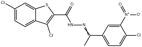 3,6-dichloro-N-[(E)-1-(4-chloro-3-nitrophenyl)ethylideneamino]-1-benzothiophene-2-carboxamide Struktur