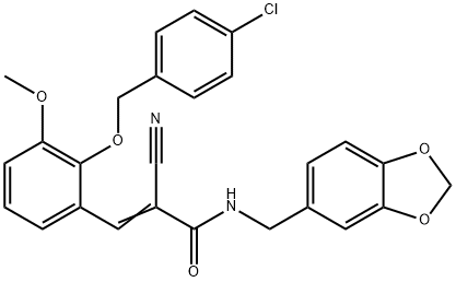 (E)-N-(1,3-benzodioxol-5-ylmethyl)-3-[2-[(4-chlorophenyl)methoxy]-3-methoxyphenyl]-2-cyanoprop-2-enamide Struktur