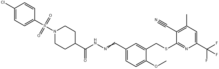 1-(4-chlorophenyl)sulfonyl-N-[(E)-[3-[[3-cyano-4-methyl-6-(trifluoromethyl)pyridin-2-yl]sulfanylmethyl]-4-methoxyphenyl]methylideneamino]piperidine-4-carboxamide Struktur