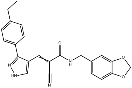 (E)-N-(1,3-benzodioxol-5-ylmethyl)-2-cyano-3-[5-(4-ethylphenyl)-1H-pyrazol-4-yl]prop-2-enamide Struktur