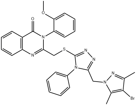 2-[[5-[(4-bromo-3,5-dimethylpyrazol-1-yl)methyl]-4-phenyl-1,2,4-triazol-3-yl]sulfanylmethyl]-3-(2-methoxyphenyl)quinazolin-4-one Struktur