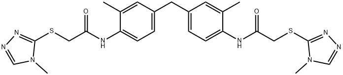 N-[2-methyl-4-[[3-methyl-4-[[2-[(4-methyl-1,2,4-triazol-3-yl)sulfanyl]acetyl]amino]phenyl]methyl]phenyl]-2-[(4-methyl-1,2,4-triazol-3-yl)sulfanyl]acetamide Struktur