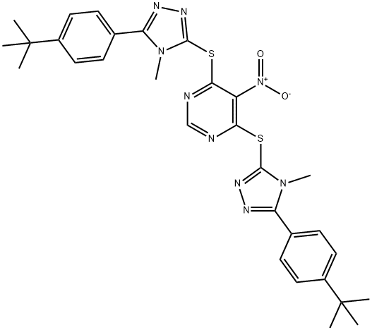 4,6-bis[[5-(4-tert-butylphenyl)-4-methyl-1,2,4-triazol-3-yl]sulfanyl]-5-nitropyrimidine Struktur