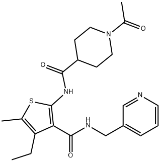 1-acetyl-N-[4-ethyl-5-methyl-3-(pyridin-3-ylmethylcarbamoyl)thiophen-2-yl]piperidine-4-carboxamide Struktur