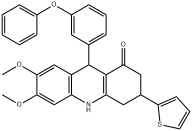 6,7-dimethoxy-9-(3-phenoxyphenyl)-3-thiophen-2-yl-3,4,9,10-tetrahydro-2H-acridin-1-one Struktur