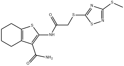 2-[[2-[(3-methylsulfanyl-1,2,4-thiadiazol-5-yl)sulfanyl]acetyl]amino]-4,5,6,7-tetrahydro-1-benzothiophene-3-carboxamide Struktur