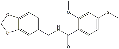 N-(1,3-benzodioxol-5-ylmethyl)-2-methoxy-4-methylsulfanylbenzamide Struktur