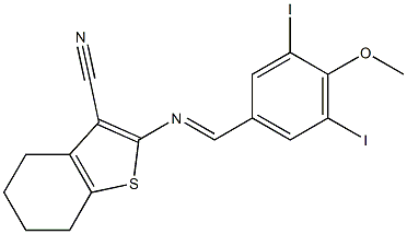 2-[(E)-(3,5-diiodo-4-methoxyphenyl)methylideneamino]-4,5,6,7-tetrahydro-1-benzothiophene-3-carbonitrile Struktur