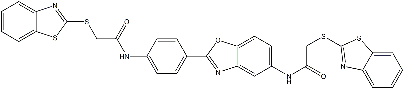 2-(1,3-benzothiazol-2-ylsulfanyl)-N-[4-[5-[[2-(1,3-benzothiazol-2-ylsulfanyl)acetyl]amino]-1,3-benzoxazol-2-yl]phenyl]acetamide Struktur