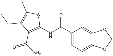 N-(3-carbamoyl-4-ethyl-5-methylthiophen-2-yl)-1,3-benzodioxole-5-carboxamide Struktur