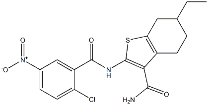 2-[(2-chloro-5-nitrobenzoyl)amino]-6-ethyl-4,5,6,7-tetrahydro-1-benzothiophene-3-carboxamide Struktur