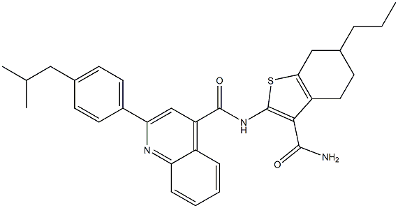 N-(3-carbamoyl-6-propyl-4,5,6,7-tetrahydro-1-benzothiophen-2-yl)-2-[4-(2-methylpropyl)phenyl]quinoline-4-carboxamide Struktur