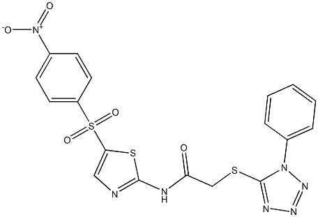 N-[5-(4-nitrophenyl)sulfonyl-1,3-thiazol-2-yl]-2-(1-phenyltetrazol-5-yl)sulfanylacetamide Struktur