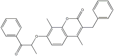 3-benzyl-4,8-dimethyl-7-(1-oxo-1-phenylpropan-2-yl)oxychromen-2-one Struktur