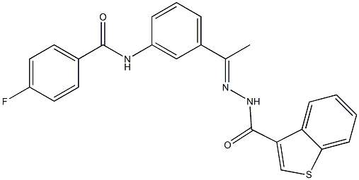 N-[(E)-1-[3-[(4-fluorobenzoyl)amino]phenyl]ethylideneamino]-1-benzothiophene-3-carboxamide Struktur