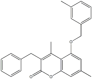 3-benzyl-4,7-dimethyl-5-[(3-methylphenyl)methoxy]chromen-2-one Struktur