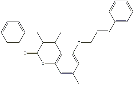 3-benzyl-4,7-dimethyl-5-[(E)-3-phenylprop-2-enoxy]chromen-2-one Struktur