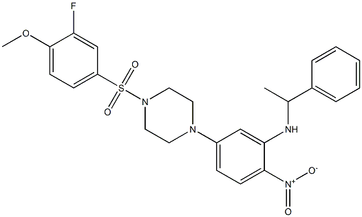 5-[4-(3-fluoro-4-methoxyphenyl)sulfonylpiperazin-1-yl]-2-nitro-N-(1-phenylethyl)aniline Struktur