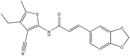 (E)-3-(1,3-benzodioxol-5-yl)-N-(3-cyano-4-ethyl-5-methylthiophen-2-yl)prop-2-enamide Struktur