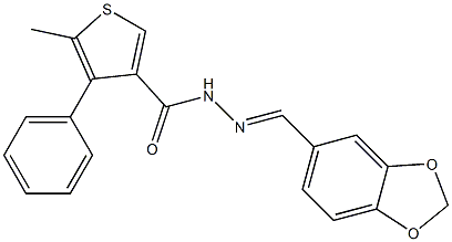 N-[(E)-1,3-benzodioxol-5-ylmethylideneamino]-5-methyl-4-phenylthiophene-3-carboxamide Struktur