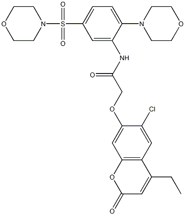 2-(6-chloro-4-ethyl-2-oxochromen-7-yl)oxy-N-(2-morpholin-4-yl-5-morpholin-4-ylsulfonylphenyl)acetamide Struktur