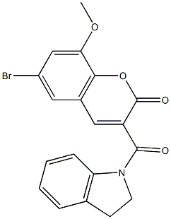 6-bromo-3-(2,3-dihydroindole-1-carbonyl)-8-methoxychromen-2-one Struktur