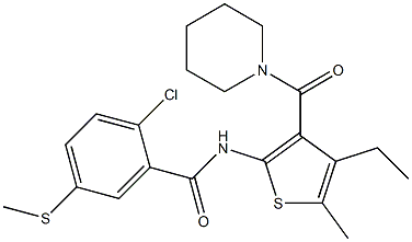 2-chloro-N-[4-ethyl-5-methyl-3-(piperidine-1-carbonyl)thiophen-2-yl]-5-methylsulfanylbenzamide Struktur