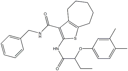 N-benzyl-2-[2-(3,4-dimethylphenoxy)butanoylamino]-5,6,7,8-tetrahydro-4H-cyclohepta[b]thiophene-3-carboxamide Struktur