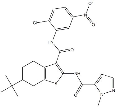 N-[6-tert-butyl-3-[(2-chloro-5-nitrophenyl)carbamoyl]-4,5,6,7-tetrahydro-1-benzothiophen-2-yl]-2-methylpyrazole-3-carboxamide Struktur