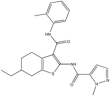 N-[6-ethyl-3-[(2-methylphenyl)carbamoyl]-4,5,6,7-tetrahydro-1-benzothiophen-2-yl]-2-methylpyrazole-3-carboxamide Struktur