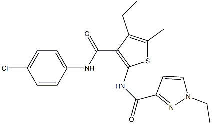 N-[3-[(4-chlorophenyl)carbamoyl]-4-ethyl-5-methylthiophen-2-yl]-1-ethylpyrazole-3-carboxamide Struktur