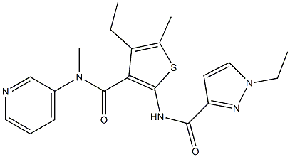 1-ethyl-N-[4-ethyl-5-methyl-3-(pyridin-3-ylmethylcarbamoyl)thiophen-2-yl]pyrazole-3-carboxamide Struktur