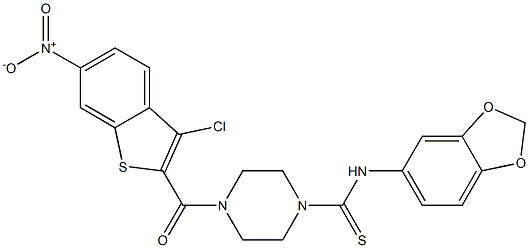 N-(1,3-benzodioxol-5-yl)-4-(3-chloro-6-nitro-1-benzothiophene-2-carbonyl)piperazine-1-carbothioamide Struktur