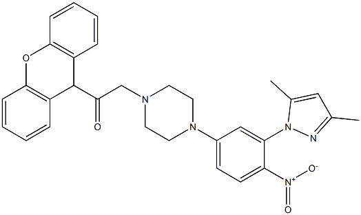 1-[4-[3-(3,5-dimethylpyrazol-1-yl)-4-nitrophenyl]piperazin-1-yl]-2-(9H-xanthen-9-yl)ethanone Struktur