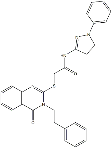 2-[4-oxo-3-(2-phenylethyl)quinazolin-2-yl]sulfanyl-N-(2-phenyl-3,4-dihydropyrazol-5-yl)acetamide Struktur