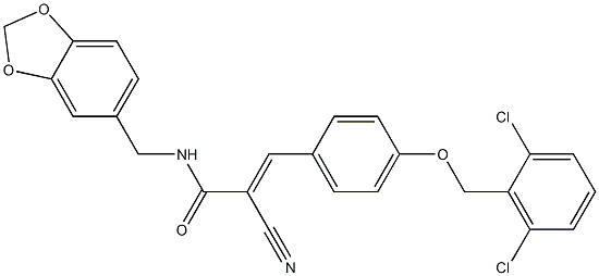 (E)-N-(1,3-benzodioxol-5-ylmethyl)-2-cyano-3-[4-[(2,6-dichlorophenyl)methoxy]phenyl]prop-2-enamide Struktur