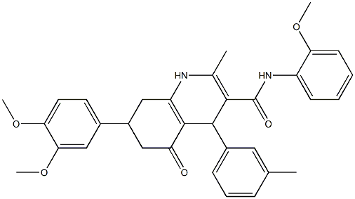 7-(3,4-dimethoxyphenyl)-N-(2-methoxyphenyl)-2-methyl-4-(3-methylphenyl)-5-oxo-4,6,7,8-tetrahydro-1H-quinoline-3-carboxamide Struktur