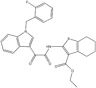 ethyl 2-[[2-[1-[(2-fluorophenyl)methyl]indol-3-yl]-2-oxoacetyl]amino]-4,5,6,7-tetrahydro-1-benzothiophene-3-carboxylate Struktur