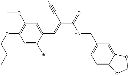 (E)-N-(1,3-benzodioxol-5-ylmethyl)-3-(2-bromo-5-methoxy-4-propoxyphenyl)-2-cyanoprop-2-enamide Struktur