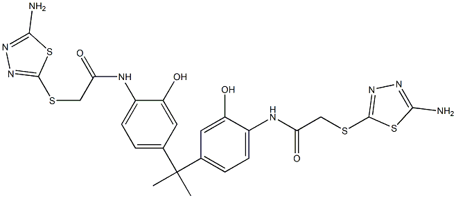 2-[(5-amino-1,3,4-thiadiazol-2-yl)sulfanyl]-N-[4-[2-[4-[[2-[(5-amino-1,3,4-thiadiazol-2-yl)sulfanyl]acetyl]amino]-3-hydroxyphenyl]propan-2-yl]-2-hydroxyphenyl]acetamide Struktur