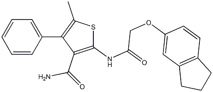 2-[[2-(2,3-dihydro-1H-inden-5-yloxy)acetyl]amino]-5-methyl-4-phenylthiophene-3-carboxamide Struktur