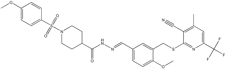 N-[(E)-[3-[[3-cyano-4-methyl-6-(trifluoromethyl)pyridin-2-yl]sulfanylmethyl]-4-methoxyphenyl]methylideneamino]-1-(4-methoxyphenyl)sulfonylpiperidine-4-carboxamide Struktur