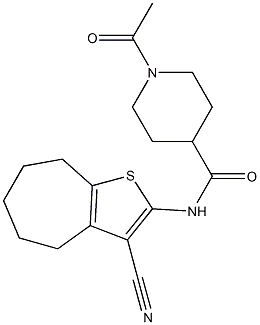 1-acetyl-N-(3-cyano-5,6,7,8-tetrahydro-4H-cyclohepta[b]thiophen-2-yl)piperidine-4-carboxamide Struktur