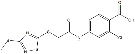 2-chloro-4-[[2-[(3-methylsulfanyl-1,2,4-thiadiazol-5-yl)sulfanyl]acetyl]amino]benzoic acid Struktur