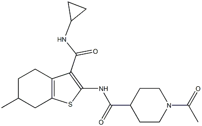 1-acetyl-N-[3-(cyclopropylcarbamoyl)-6-methyl-4,5,6,7-tetrahydro-1-benzothiophen-2-yl]piperidine-4-carboxamide Struktur