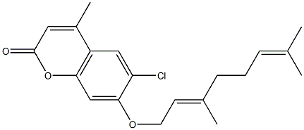 6-chloro-7-[(2E)-3,7-dimethylocta-2,6-dienoxy]-4-methylchromen-2-one Struktur