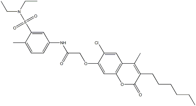 2-(6-chloro-3-hexyl-4-methyl-2-oxochromen-7-yl)oxy-N-[3-(diethylsulfamoyl)-4-methylphenyl]acetamide Struktur