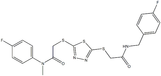 N-[(4-fluorophenyl)methyl]-2-[[5-[2-[(4-fluorophenyl)methylamino]-2-oxoethyl]sulfanyl-1,3,4-thiadiazol-2-yl]sulfanyl]acetamide Struktur